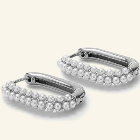 Gold and Pearl Rectangle Hoops Rectangular Pretty Hoop Earrings Pave Pearls New - Picture 8 of 8